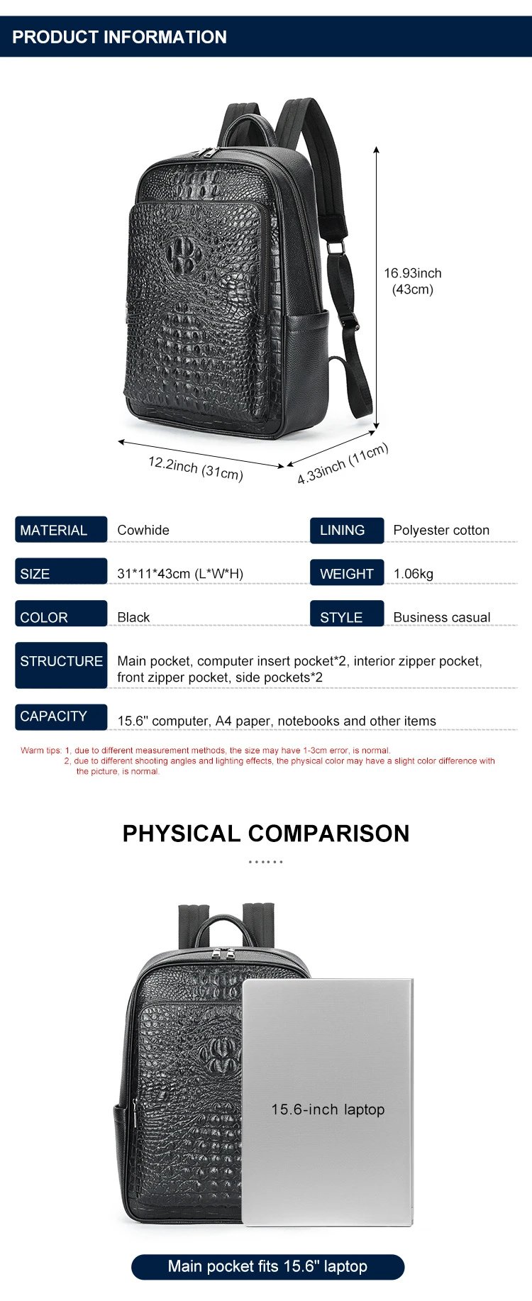 Design Crocodile-Embossed Leather Backpack Black - 4