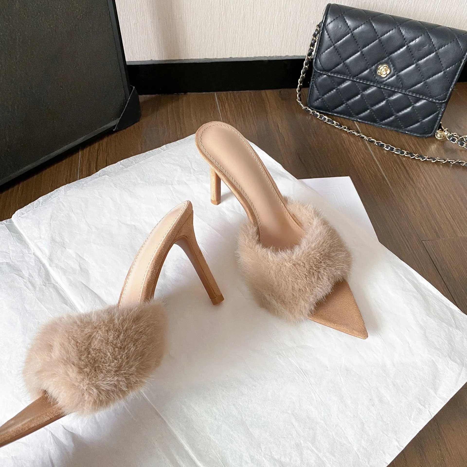 Design Furry Mule Heels Black Shoes - 12