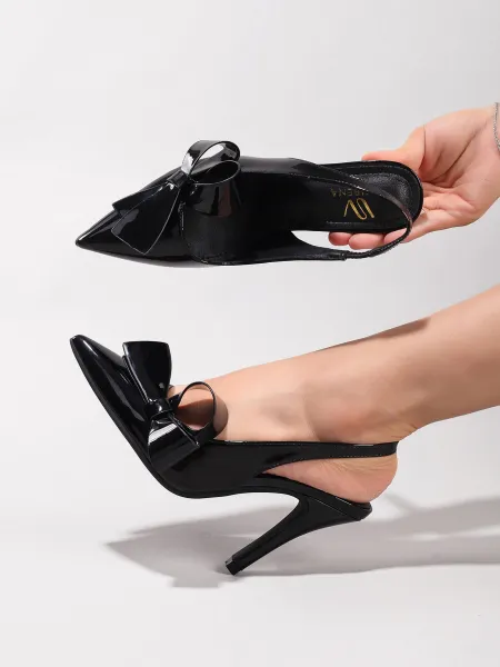 Design Bow Detail Nude Patent Leather Slingback Stilettos - 8