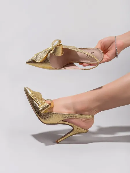 Design Bow Detail Nude Patent Leather Slingback Stilettos - 9