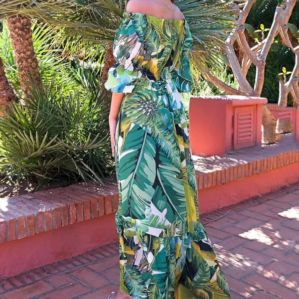 Design Tropical Leaf Print Off-Shoulder Maxi Dress - 7