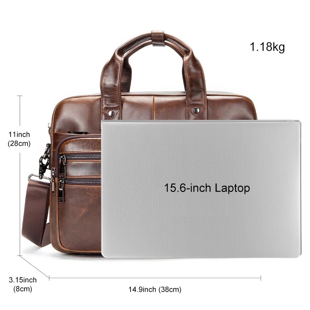 Brown Leather Business Briefcase with Multiple Zippers and Detachable Strap