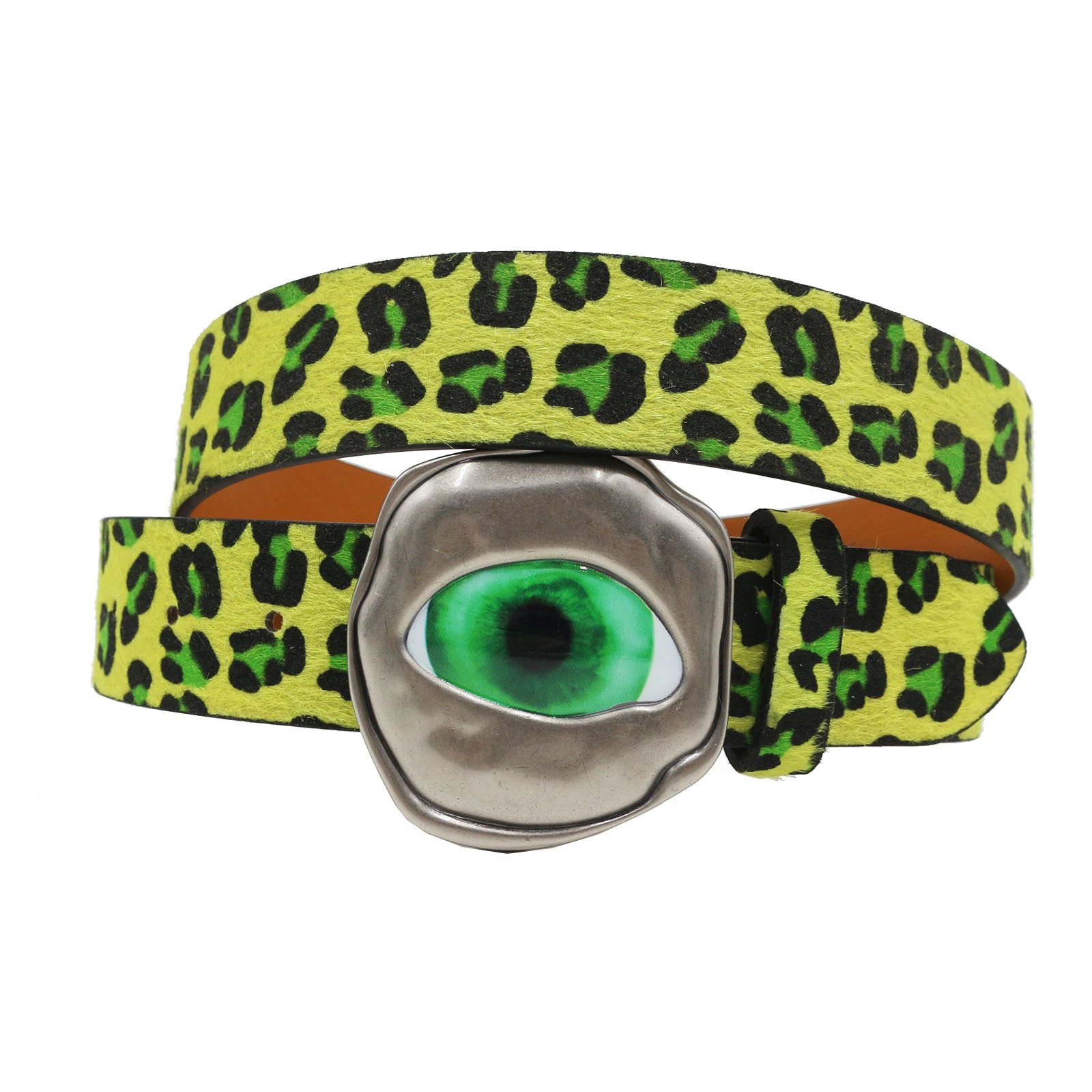Design Eye Motif Leopard Print Belt in Lime Green