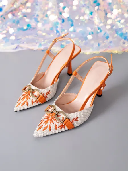 Design Woven Pointed-Toe Slingback Heels with Orange Embroidery and Gold Buckle - 7