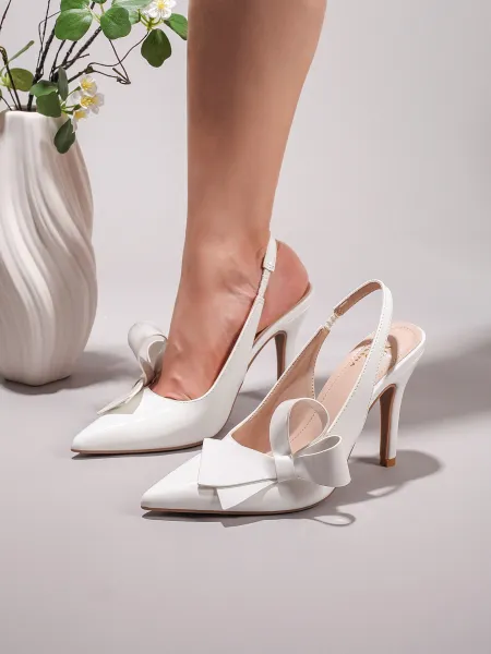 Design Bow Detail Nude Patent Leather Slingback Stilettos - 17