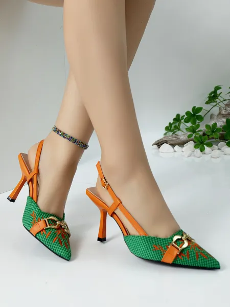 Design Woven Pointed-Toe Slingback Heels with Orange Embroidery and Gold Buckle - 12