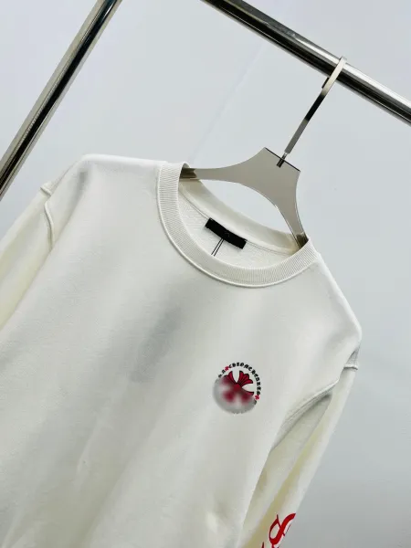Design Long Sleeve Crewneck Sweatshirt with Red Sleeve Text and Chest Logo White Sweater - 10