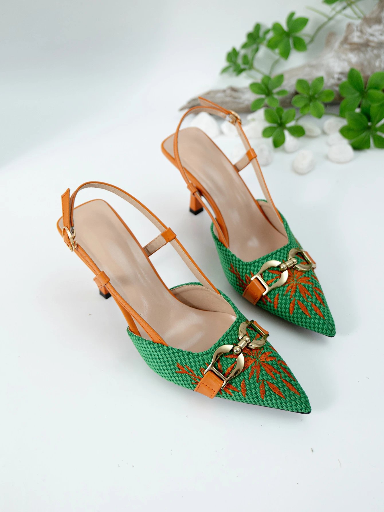 Design Woven Pointed-Toe Slingback Heels with Orange Embroidery and Gold Buckle - 15