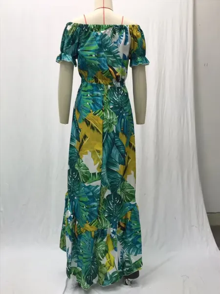 Design Tropical Leaf Print Off-Shoulder Maxi Dress - 12