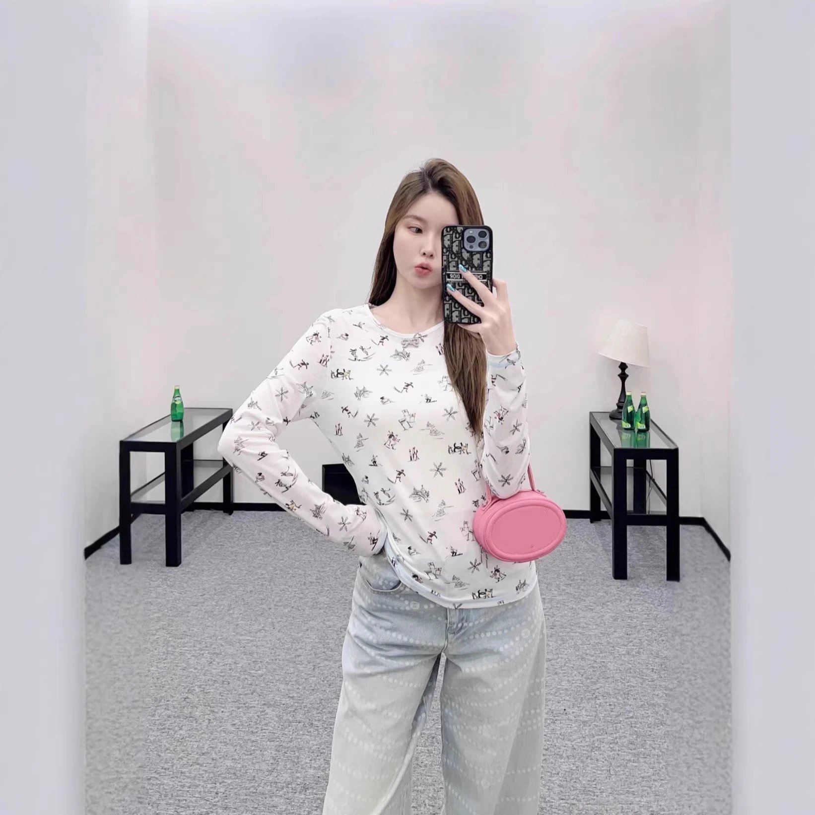 White Long Sleeve Print Top Light Gray Patterned Wide Leg Pants Casual Outfit