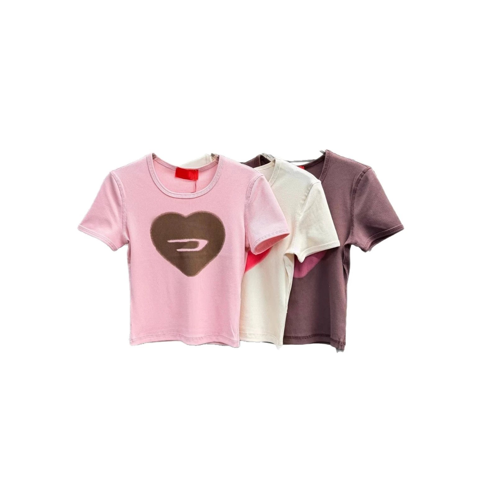 Pink Ribbed Crop Top with Heart Logo Vintage Style