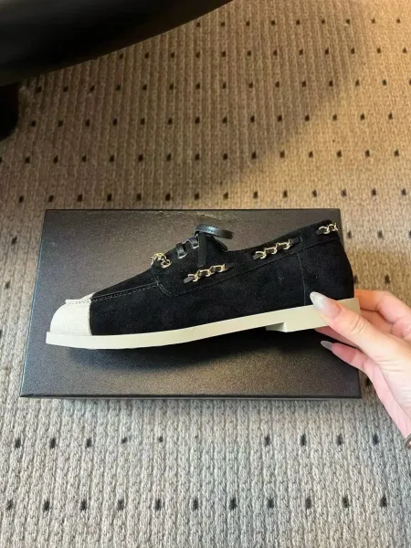 Chanel Boat Shoes Light Blue Suede Two-Tone with Chain Detail - 18