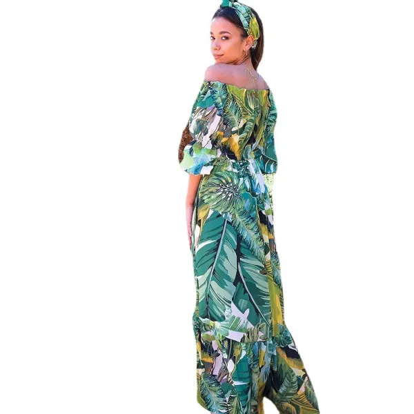 Design Tropical Leaf Print Off-Shoulder Maxi Dress - 20