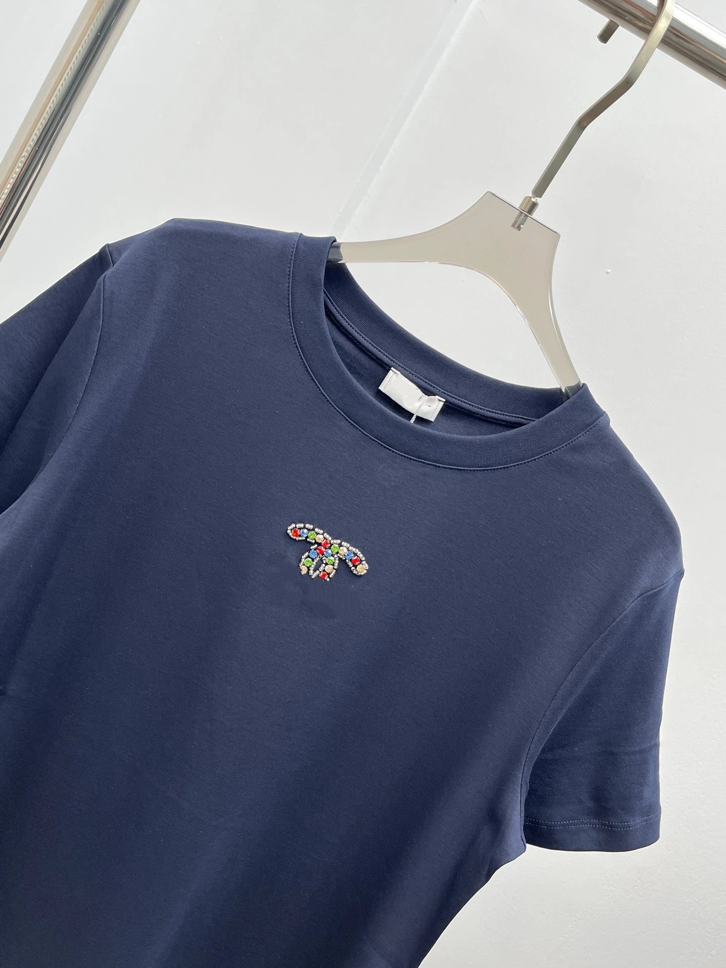 Chanel CC Logo Embellished Navy T-Shirt - 14