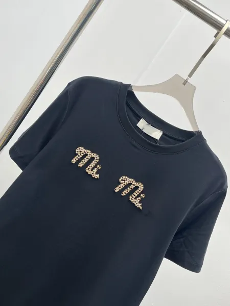 Miu Miu Embellished Logo T-Shirt Navy - 13