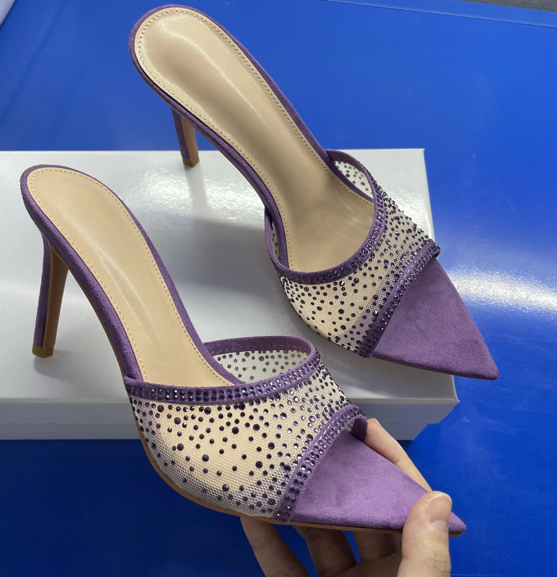 Design Mesh-Embellished Pointed-Toe Mule Heels Black - 7