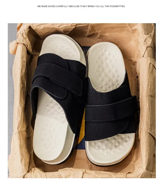 Design Two-Strap Slide Sandals Beige and Black Slippers - 19