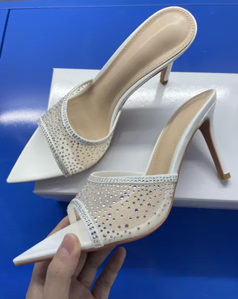 Design Mesh-Embellished Pointed-Toe Mule Heels Black - 8