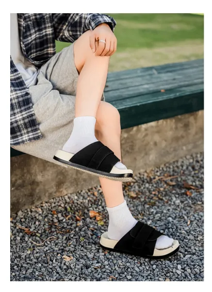 Design Two-Strap Slide Sandals Beige and Black Slippers - 20