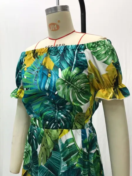 Design Tropical Leaf Print Off-Shoulder Maxi Dress - 16