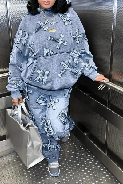 Design Crossbones Print Denim-Style Hoodie and Sweatpants Set Gray - 8