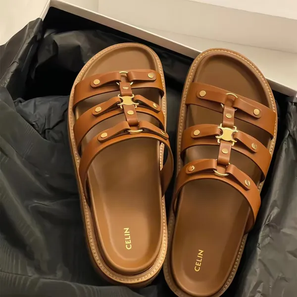 Celine Triomphe Slide Sandals Black and Tan Leather Slippers - 10