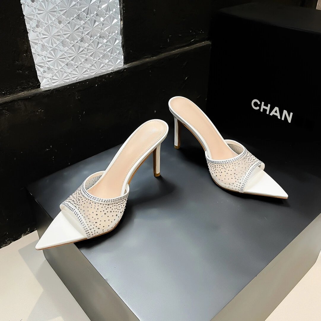 Design Mesh-Embellished Pointed-Toe Mule Heels Black - 15