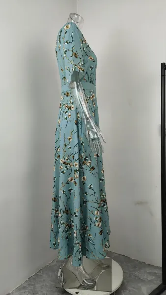 Design Floral Print V-Neck Wrap Maxi Dress in Light Blue and Red - 7