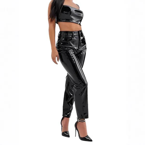Design Patent Leather High-Waisted Cropped Pants Black - 6