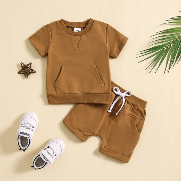 Design Beige Pocket Front Top and Drawstring Shorts Set - 42