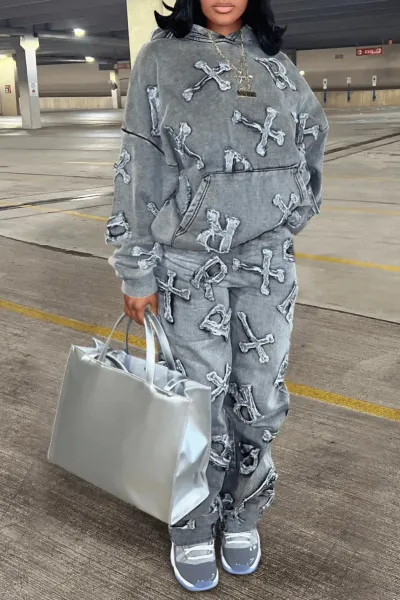 Design Crossbones Print Denim-Style Hoodie and Sweatpants Set Gray - 6
