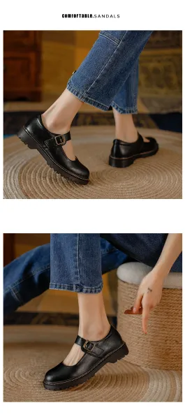 Design Mary Jane Shoes Brown Leather with Buckle Strap - 18