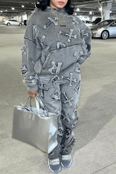 Design Crossbones Print Denim-Style Hoodie and Sweatpants Set Gray - 10