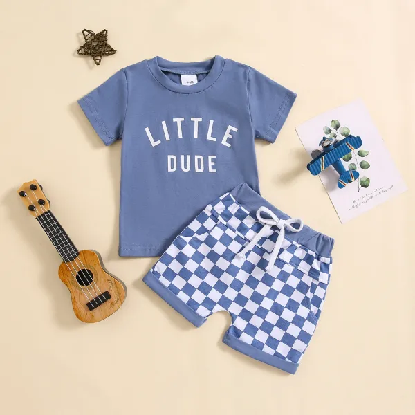 Design Little Dude Green Graphic T-Shirt and Checkerboard Shorts Set - 3
