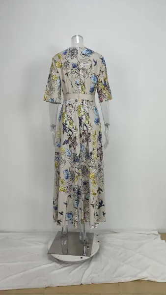 Design Floral Print V-Neck Wrap Maxi Dress in Light Blue and Red - 29