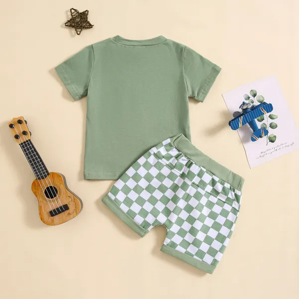 Design Little Dude Green Graphic T-Shirt and Checkerboard Shorts Set - 14