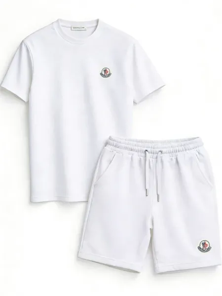 Moncler Logo-Embroidered Gray Ribbed T-Shirt and Sweatshorts Set - 9