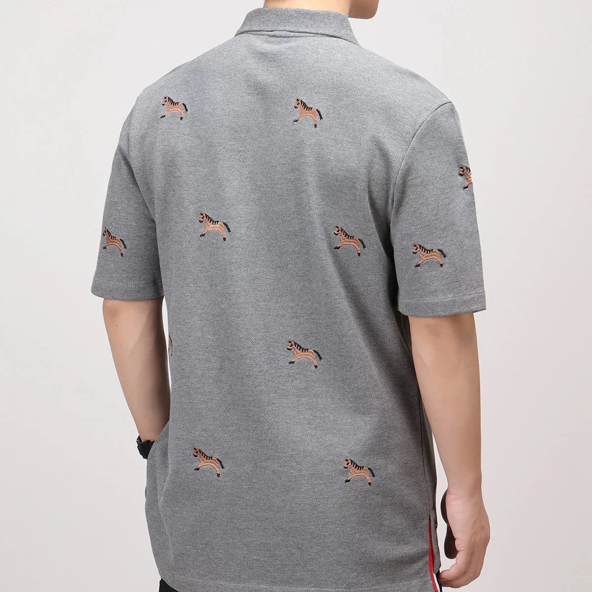 Thom Browne Horse-Embroidered Gray Piqué Polo Polo Shirt - 4
