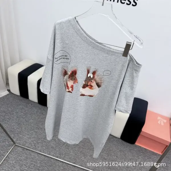 Design Squirrel Print Off-Shoulder T-Shirt Gray - 4