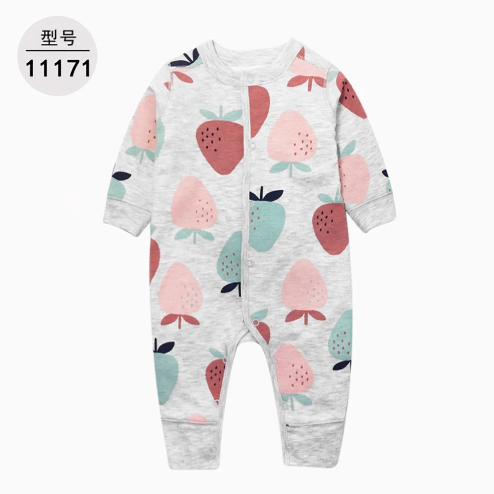 Design Strawberry Print Long-Sleeve Romper Gray Multicolor Baby Sleepwear