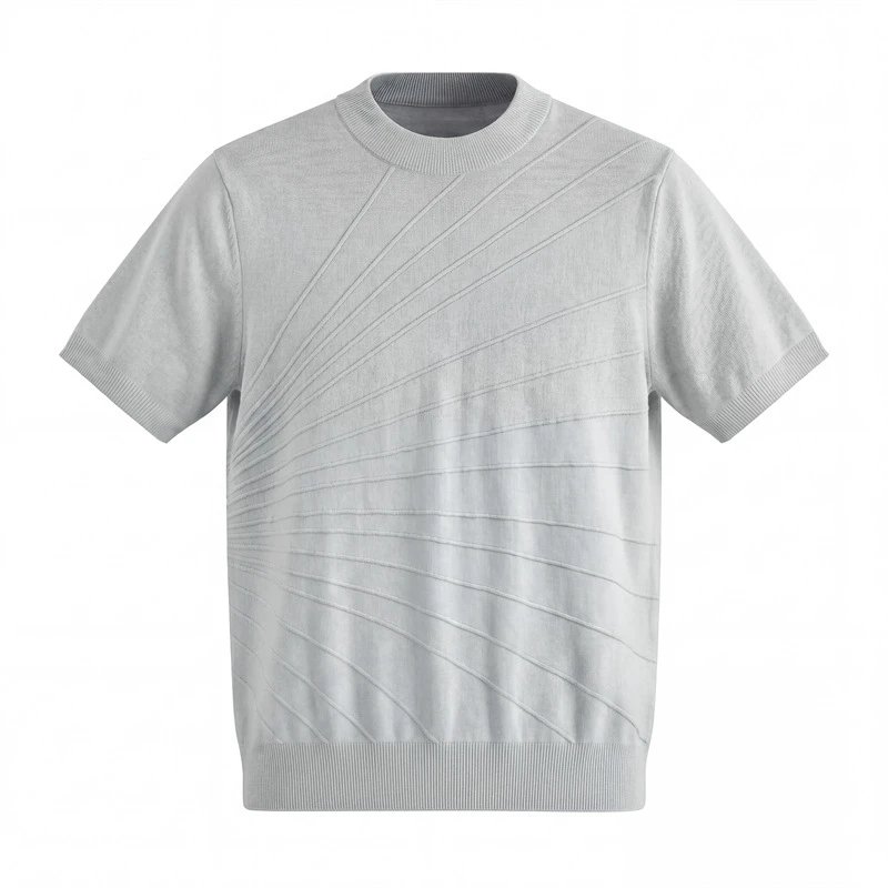 Design Short-Sleeve Knit Sweater in Light Gray with Diagonal Ribbed Texture - 13