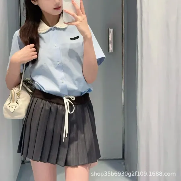 Design Peter Pan Collar Shirt in Light Blue with Lace Trim - 4