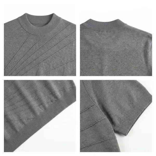 Design Short-Sleeve Knit Sweater in Light Gray with Diagonal Ribbed Texture - 7