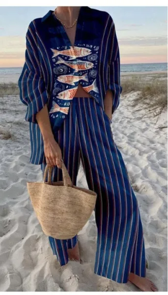Design Printed Bird Motif Shirt with Colorblock Cuff Pants and Straw Bucket Bag Clothing - 5