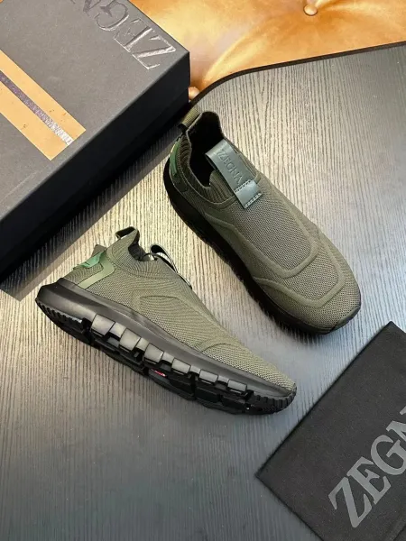 Zegna Oasi Knit Slip-On Olive Green Sneakers - 12