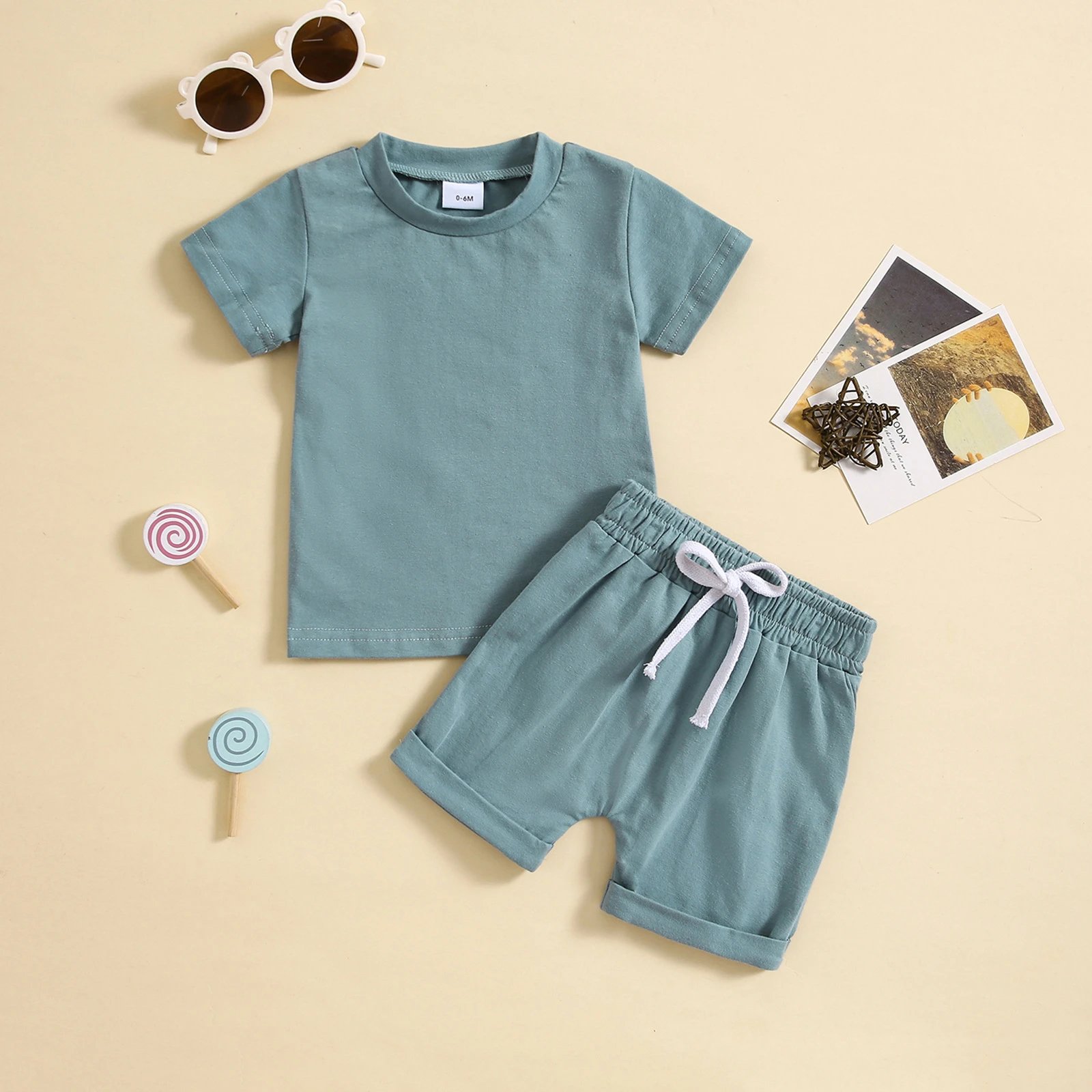 Design Solid Sage Green Baby Set: Short-Sleeve T-Shirt + Drawstring Shorts - 12