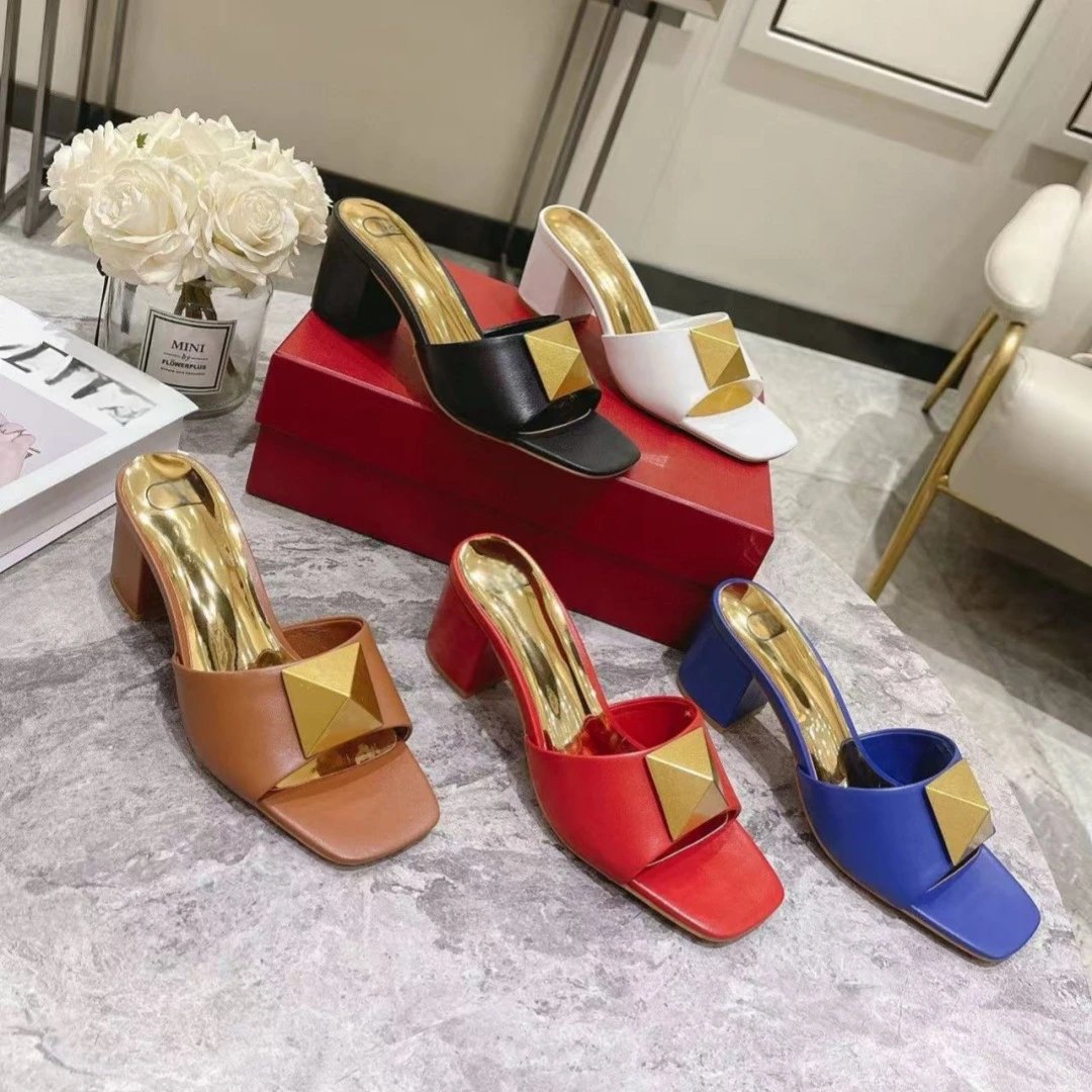 Design Pyramid-Embellished Block Heel Mules Blue Sandals - 4