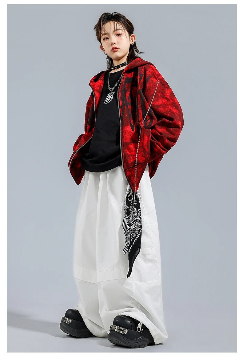 Design Red Tie-Dye Hooded Zip-Up Jacket Outerwear - 8
