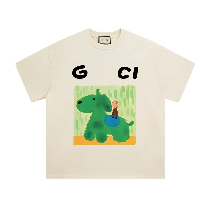 Gucci Green Dog Illustration Beige T-Shirt