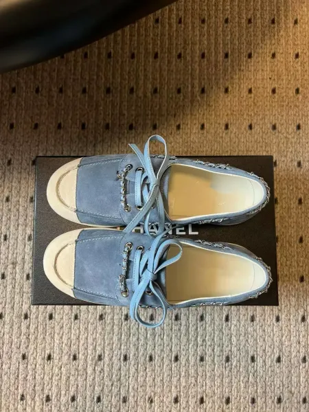 Chanel Boat Shoes Light Blue Suede Two-Tone with Chain Detail - 25